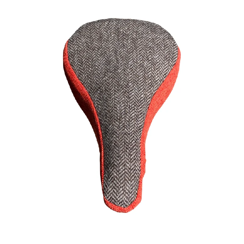 bicycle rotor handling-Tweed Slim Saddle Cover - Brown Herringbone & Cayenne Red